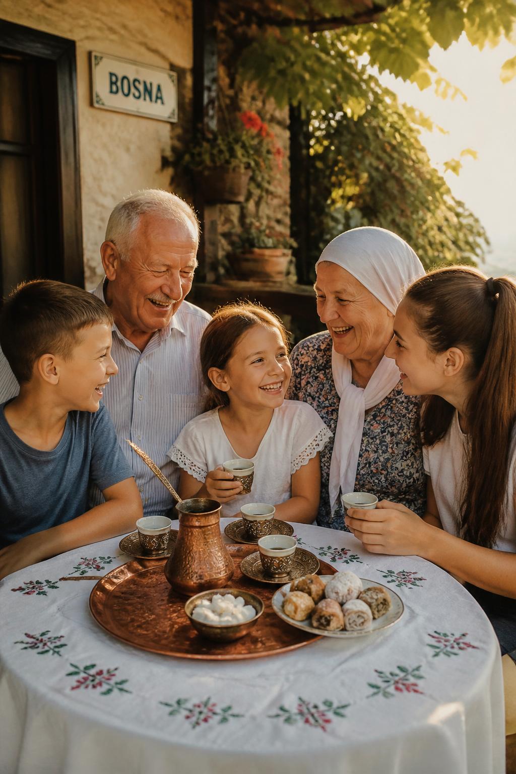 Bosnian grandparents and grandchildren laughing together over Bosnian coffee at a summer table