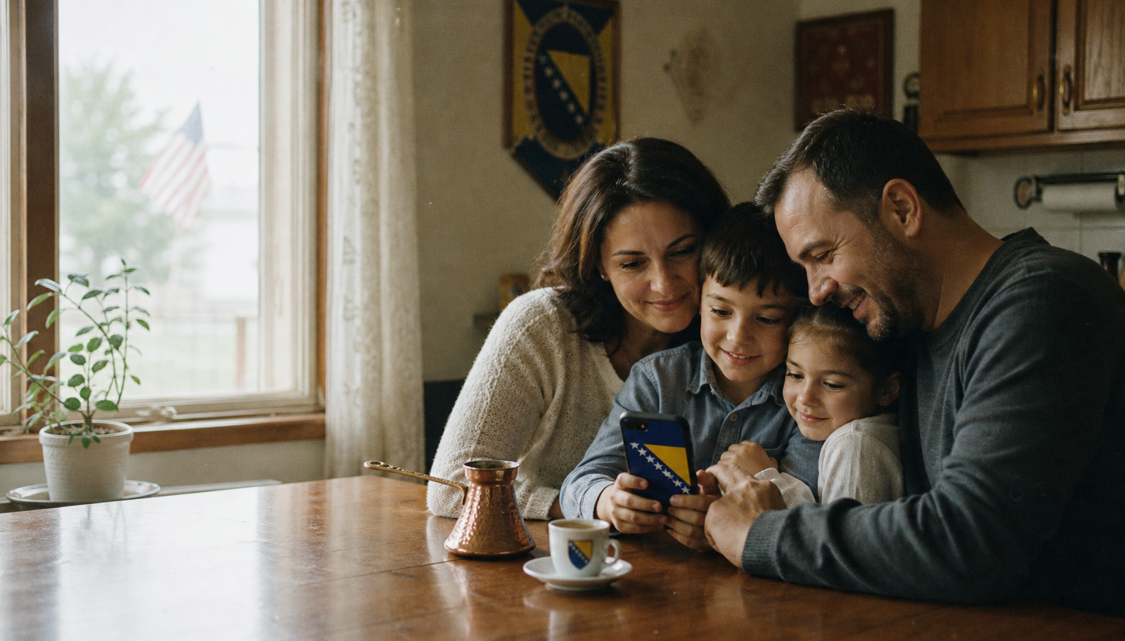 A smiling Bosnian family gathered around a phone at a kitchen table with a copper džezva and Bosnian coffee cup nearby