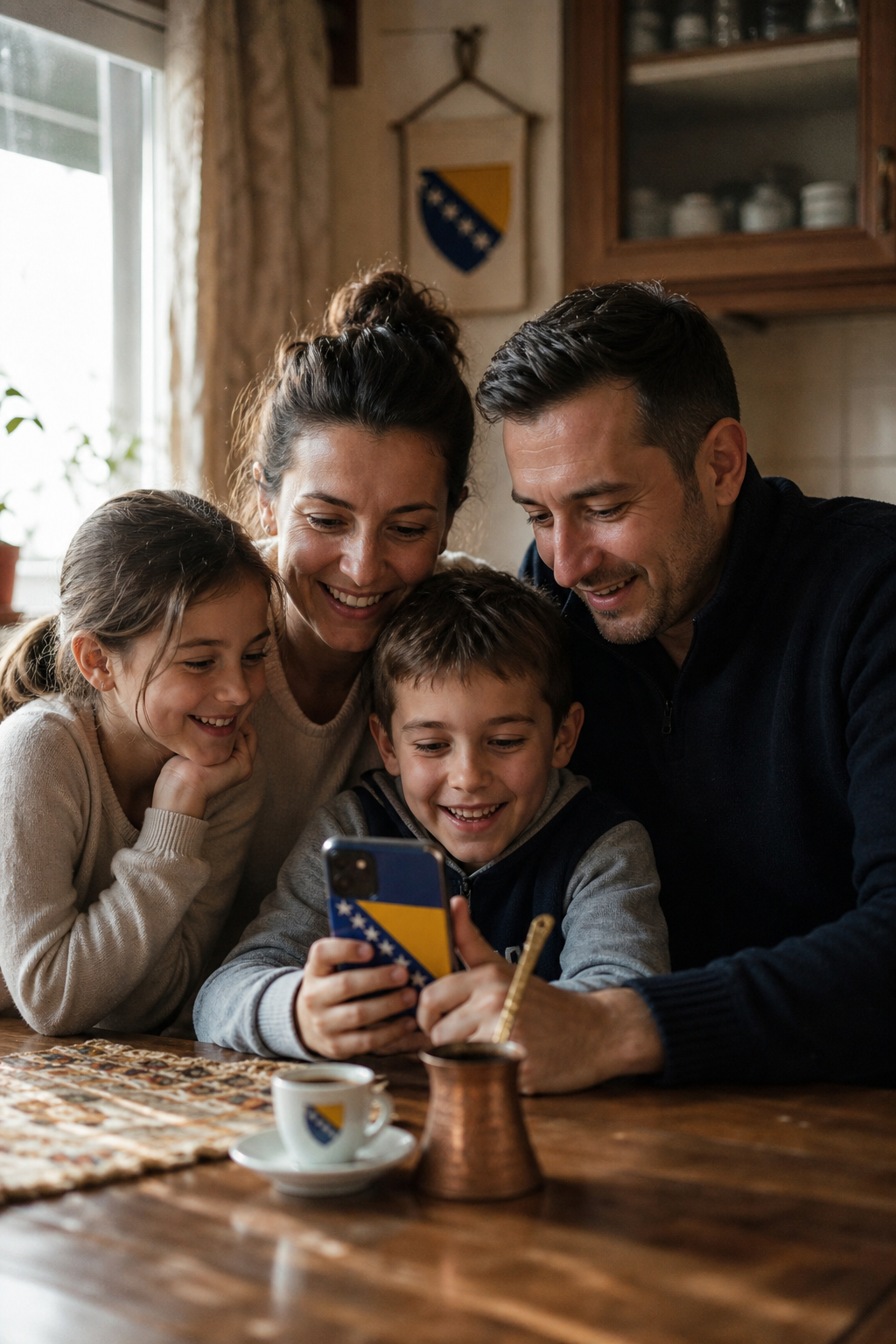 A smiling Bosnian family gathered around a phone at a kitchen table with a copper džezva and Bosnian coffee cup nearby