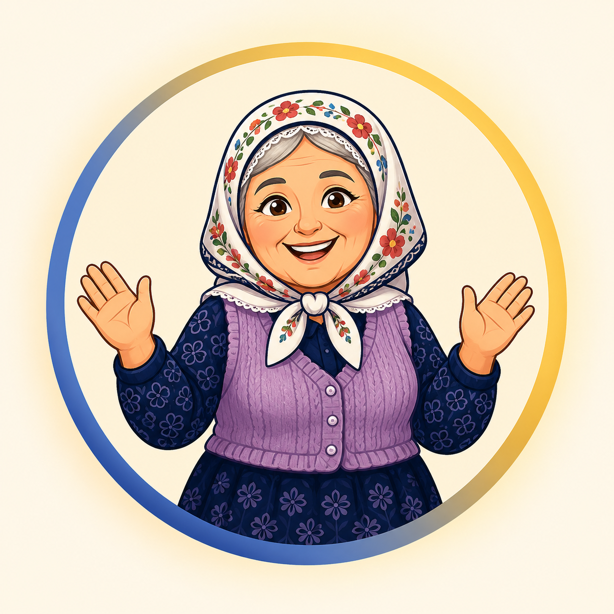 Illustrated portrait of Nana, a warm Bosnian grandmother in a floral headscarf, waving with both hands